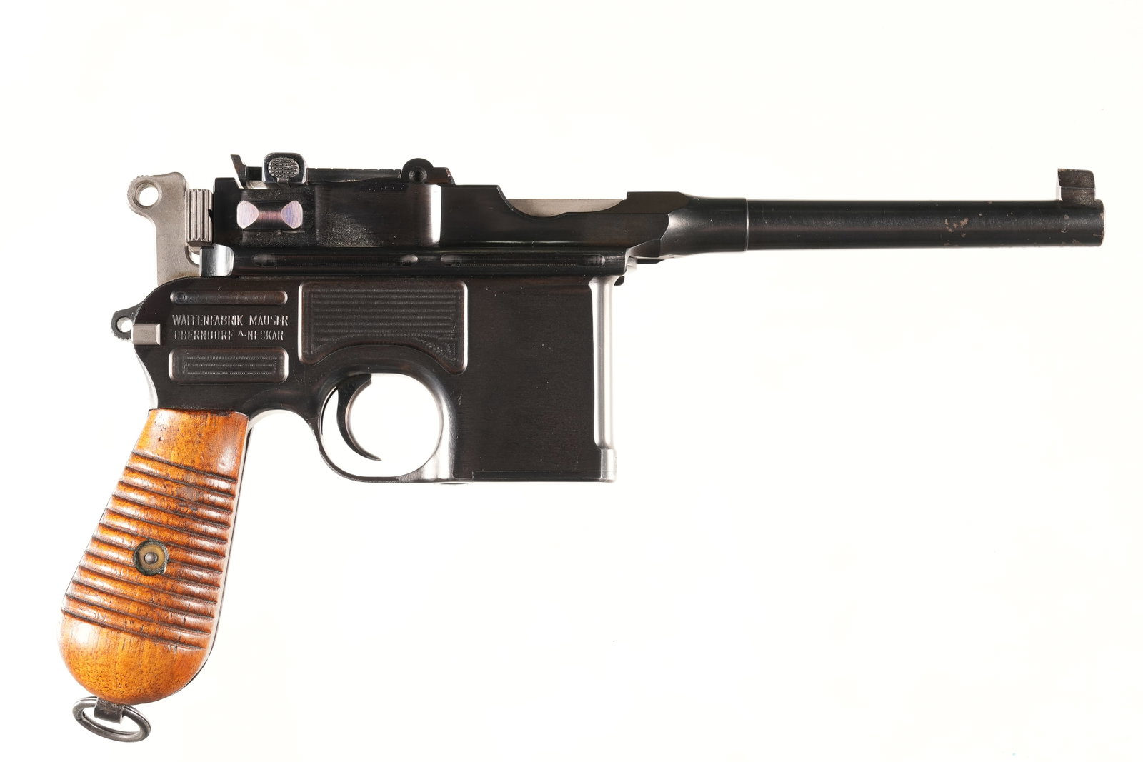 A4322 Mauser C96 Broomhandle Pistol 7.63mm Mauser: 7.63mm Mauser Serial # 823118 "Crown/crown/U" proofed, "Made in Germany" marked. Stunning excellent overall condition, retaining over 90% factory rust blue with minor spotting on barrel, safety, bolt 