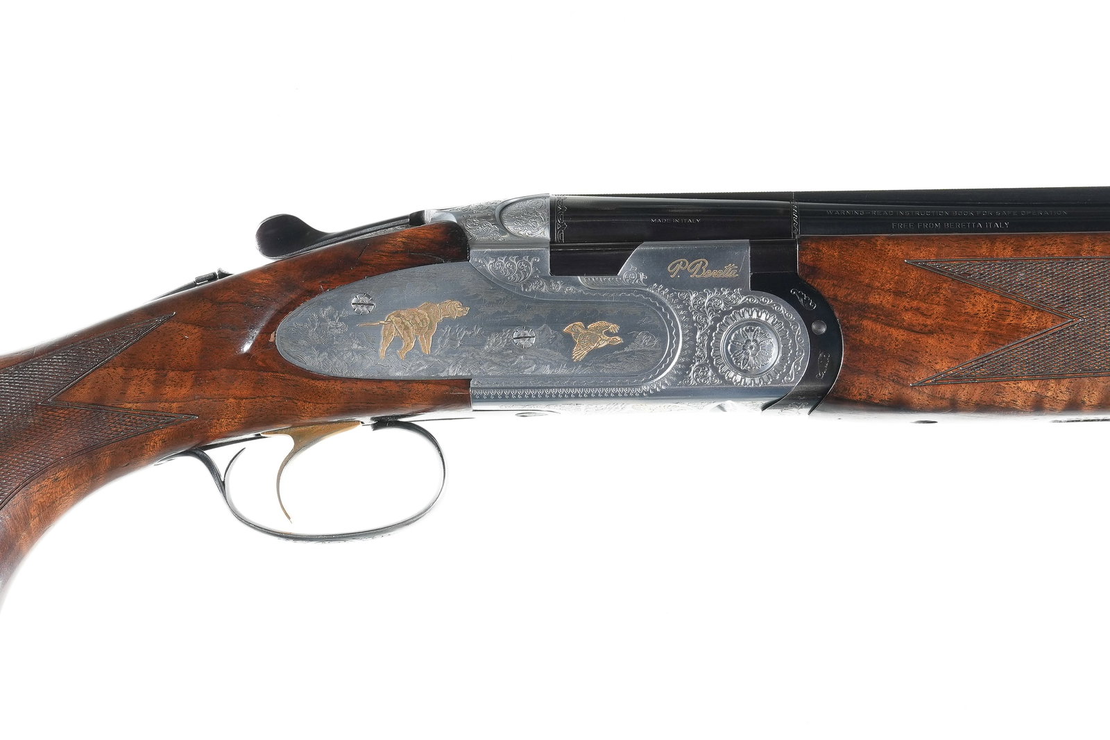 A2760 Beretta 687 EL Gold Pigeon O/U Shotgun 12ga: 12ga Serial # L95276B Beretta Model S687 E L Gold Pigeon with 28" Vent rib bbl choked Imp, Mod & Mod with 3" chamber, single selctive trigger and ejectors. Gold inlaid game scene engraved side plated 