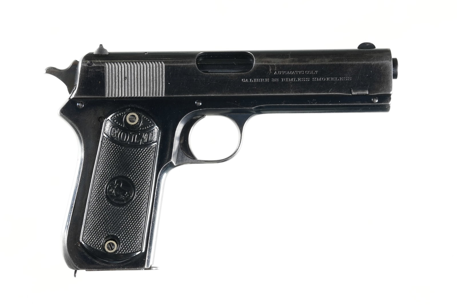 A3070 Colt 1903 Pocket Hammer Pistol .38 ACP: .38 ACP Serial # 34936 Colt Model 1903 Pocket Hammer auto with blue finish Case colored spur hammer Checkered plastic grips with Rampant Colt monograms. Mfg 1915. Condition, Very fine with over 90% fi