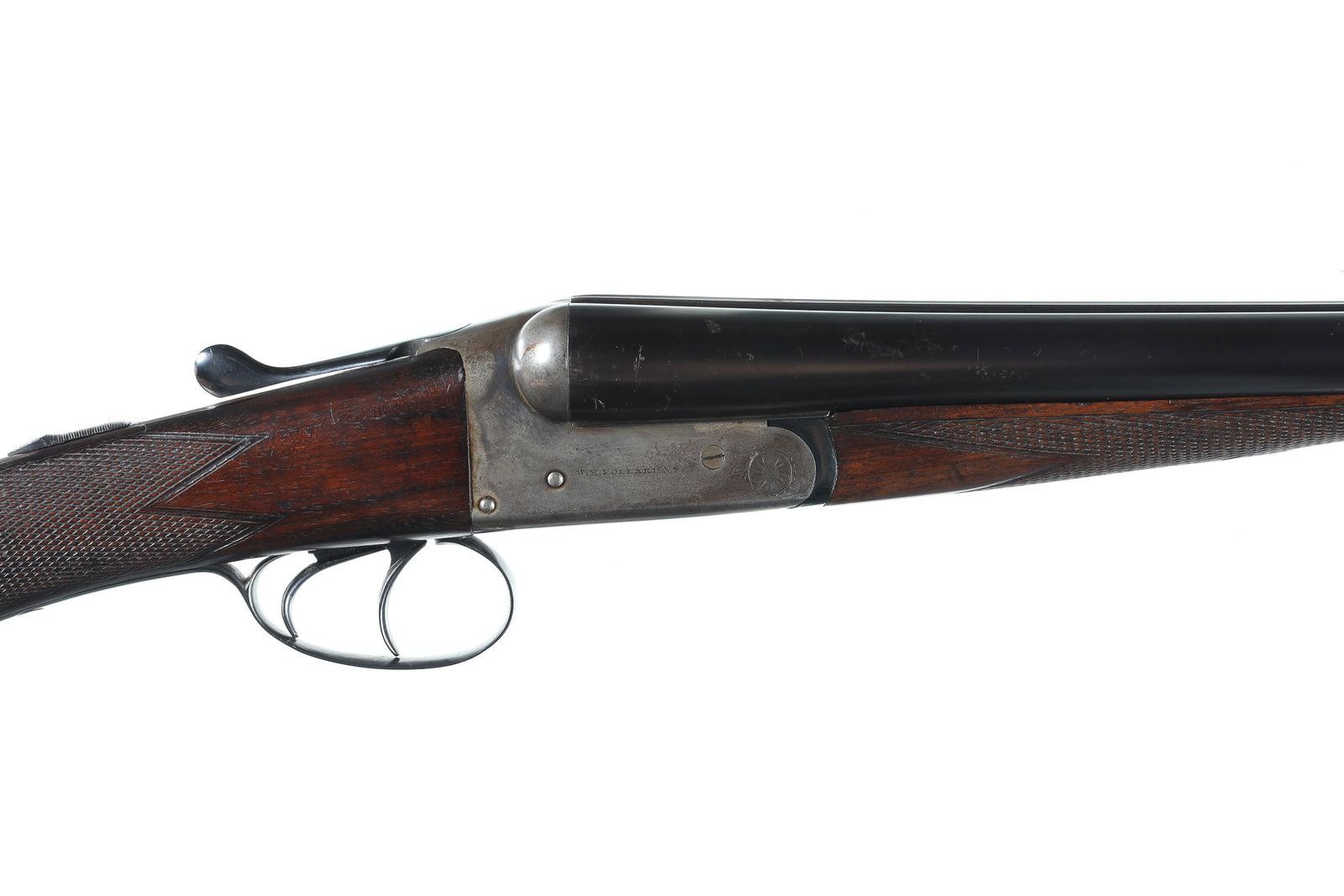 A696 Pollard SxS Shotgun 16ga: 16ga Serial # 755-8089 W, Pollard & Son 16 Ga, double boxlock with double triggers and lifter extractors. Choked Full & Full with 2 1/2" chambers. Varnished straight stock with 14" LOP. Case color fra