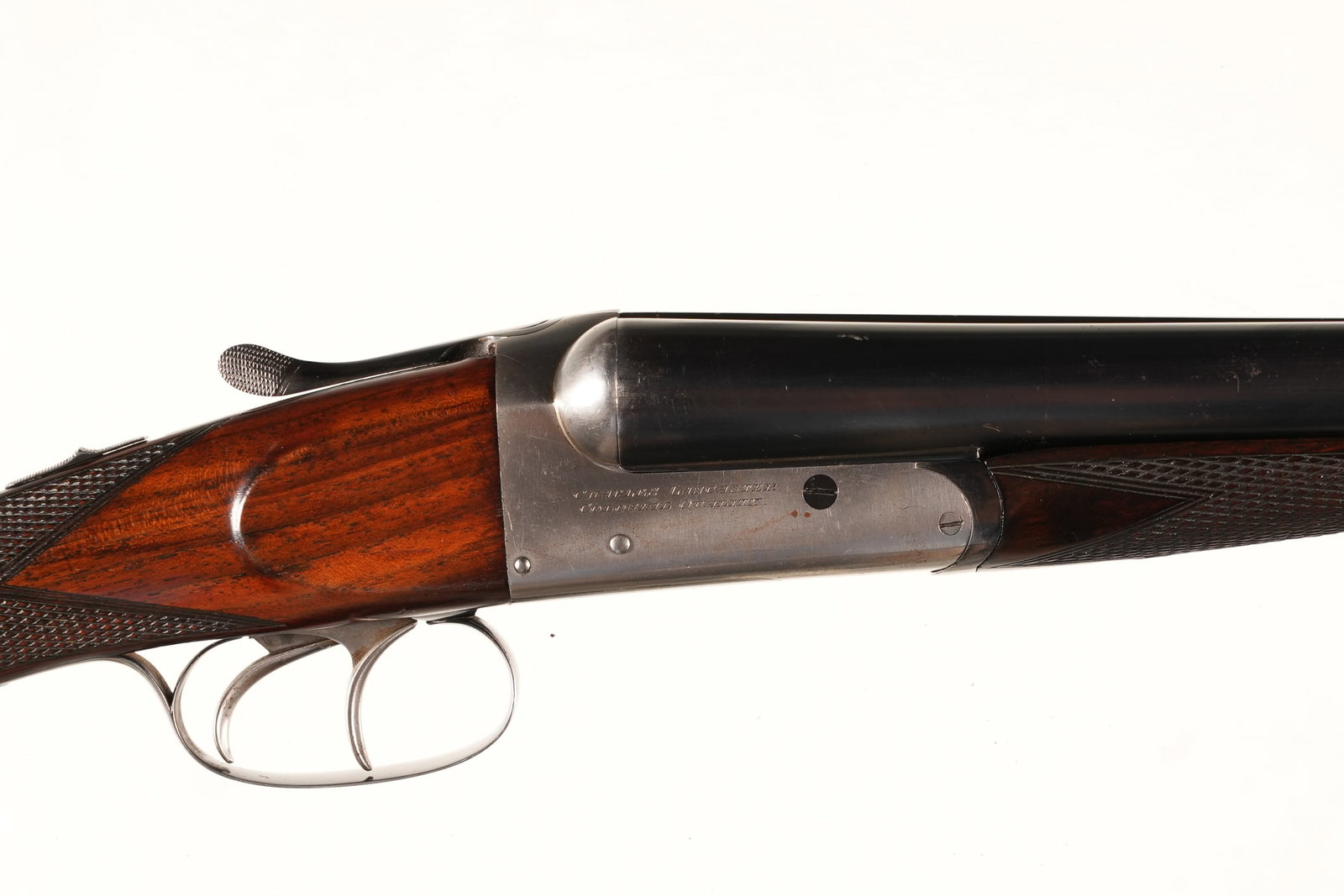 A3015 Charles Lancaster BLE SxS Shotgun 12ga: 12ga Serial # 7344 Features 2 3/4" chambers, Mod/Imp mod chokes, 14 1/2" LOP. Very good as sleeved, most restored finish remaining, minor handling marks and abrasions present. Barrel 28" C&R