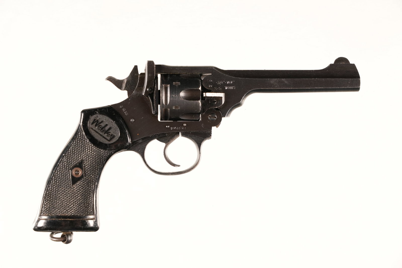 A4939 Webley Mk IV Revolver .38 cal: .38 cal Serial # 105838 Webley MK IV 380/200 (38 S&W cal) with WW2 War Finish and Webley monogramed black plastic grips with lanyard swivel. Condition, Excellent with over 97% finish. Bright bore and 