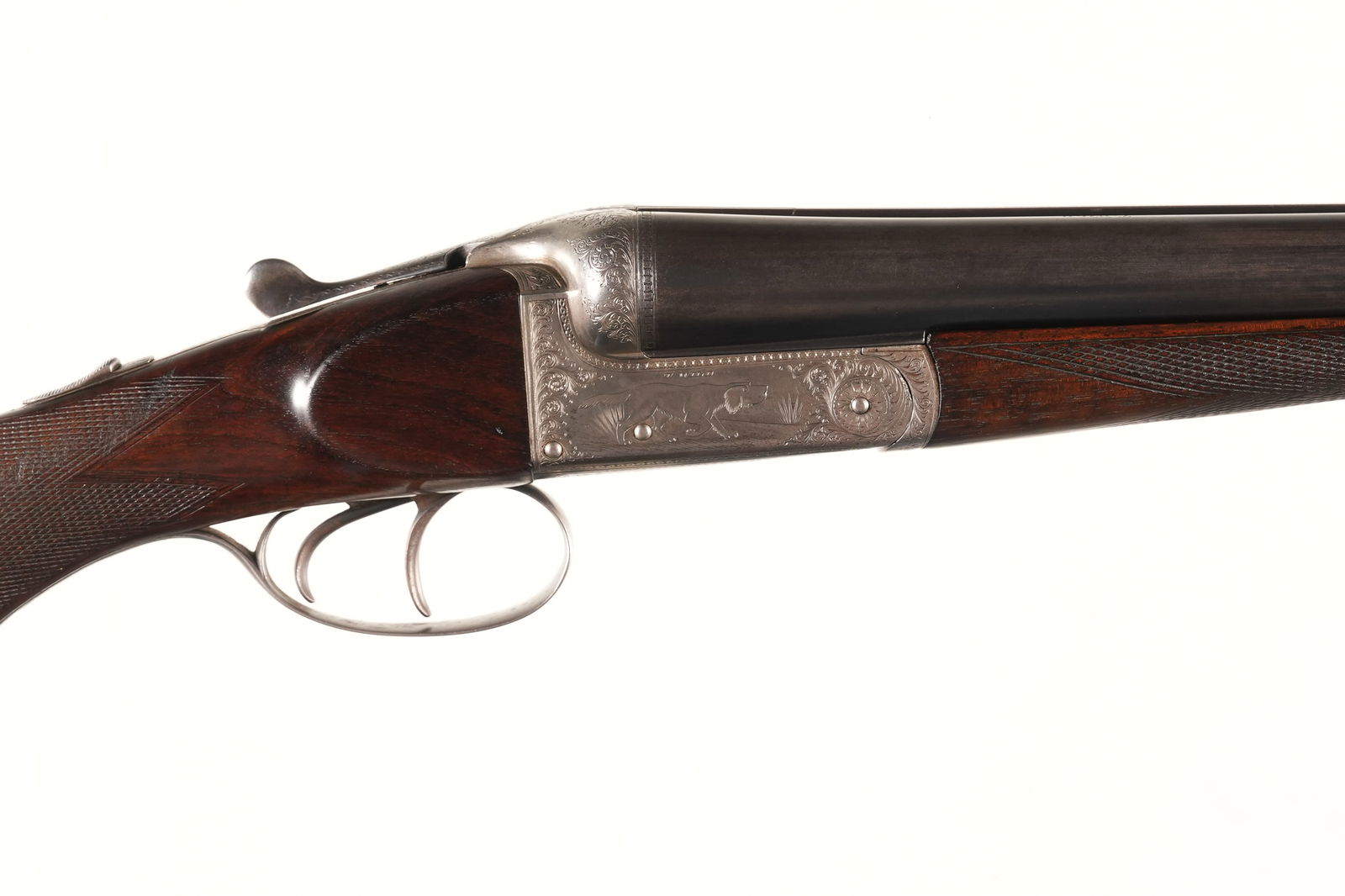 A2978 Wild, Thomas Boxlock SxS Shotgun 12ga: 12ga Serial # 22368 Thomas Wild 12 Ga Box Lock with double trigger 2 3/4" chambers choked IC & IC with 14 1/2' LOP 1 1/2" DAc 2" DAH. Condition, Very fine with most all finish on Bbl, Bright bores and