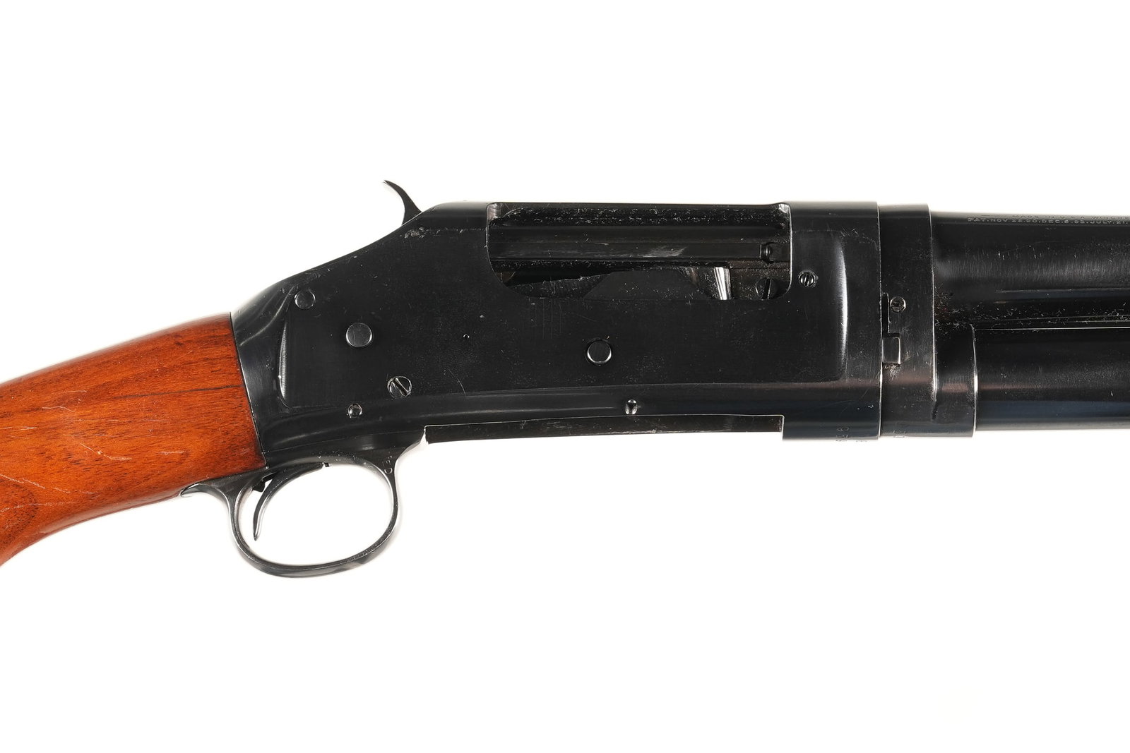 A4732 Winchester 97 Slide Shotgun 16ga: 16ga Serial # 959458 Very good overall as restored. Cracks present at wrist. Barrel internally threaded to accept choke tubes with Full and Imp Cyl chokes