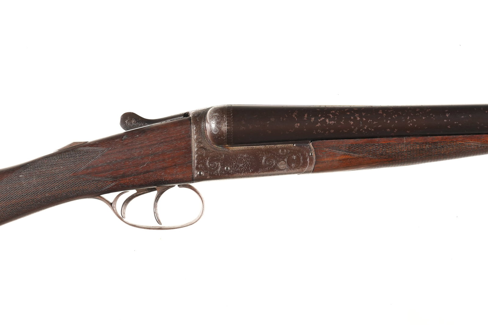 A4600 John Rogers Birmingham SxS Shotgun 12ga: 12ga Serial # 4452 John Rogers 12 Ga, double trigger ejector with 2 1/2" chambers and choked full & IC with 14 1/4" LOP. Condition, Good with light oxidation externally and some darkness in bores. Mec