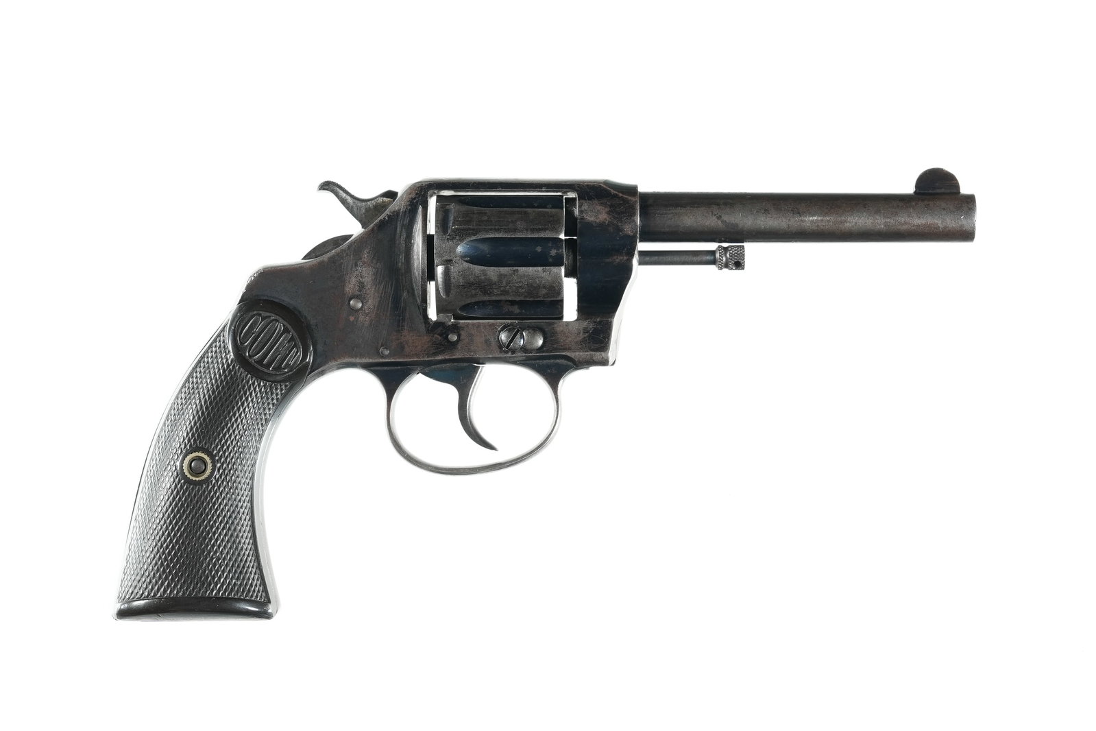 A3398 Colt New Police Revolver .32 Colt: .32 Colt Serial # 37118 Colt New Police cal, .32 Colt with 4" bbl. Checkered hard rubber grips with CPD Ky on butt. Mfd, 1905. Condition, Very good with 60% blue finish with excellent bore and fine gr