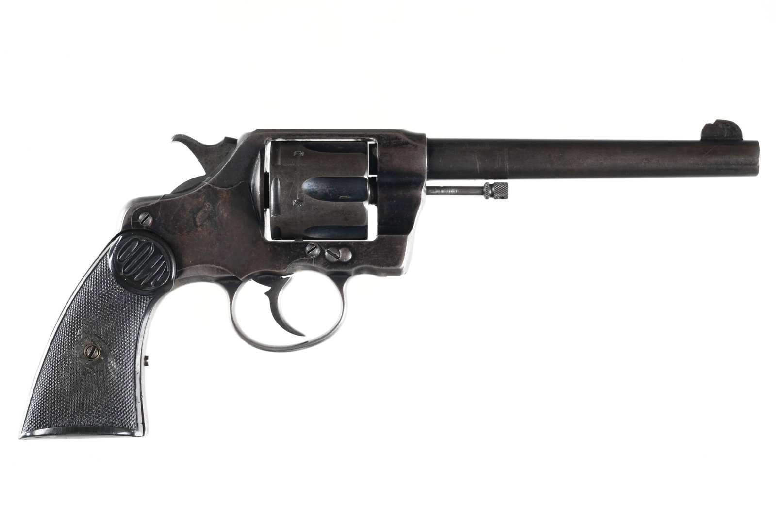 A3390 Colt New Army & Navy Revolver .41 Colt: .41 Colt Serial # 254463 Colt model New Army & Navy with6" Bbl, Cal, 41 Colt. Checkered hard rubber Colt grips. Mfg 1905. Condition, Very good with most finish having mottled to patina Excellent brigh