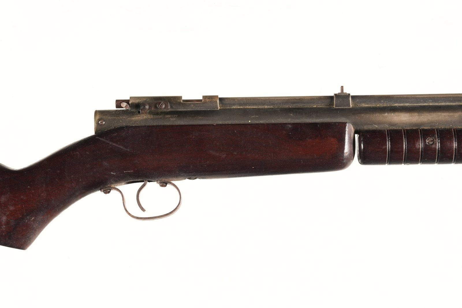 Unmarked Benjamin Franklin Model Air Rifle: Bruises and handling marks to wood. Compressing lever will not stay in locked position.