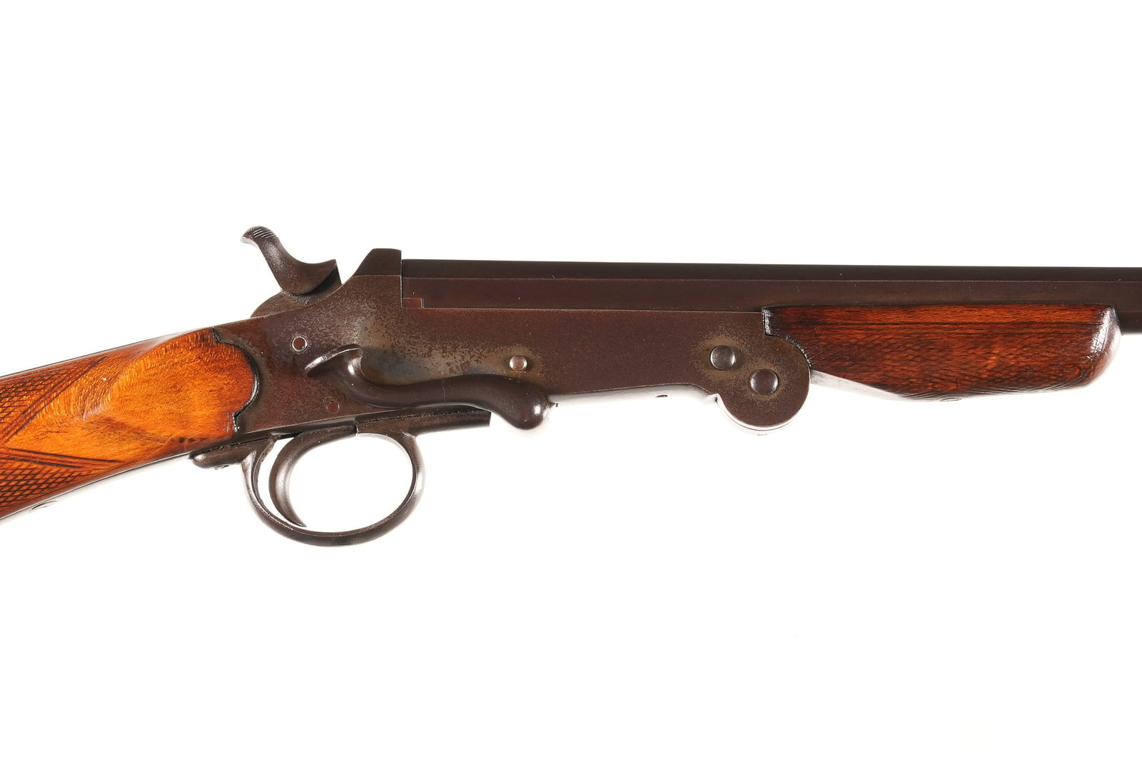 A4646 Belgian Hammer Single Barrel Shotgun 410: 410 Serial # NSN Belgian folding 410 single shot shotgun with exposed hammer and 2 1/2" chamber choked Modified. Mfd circa 1920's. 14" LOP. Condition, Very good with excellent bore and mechanically fi