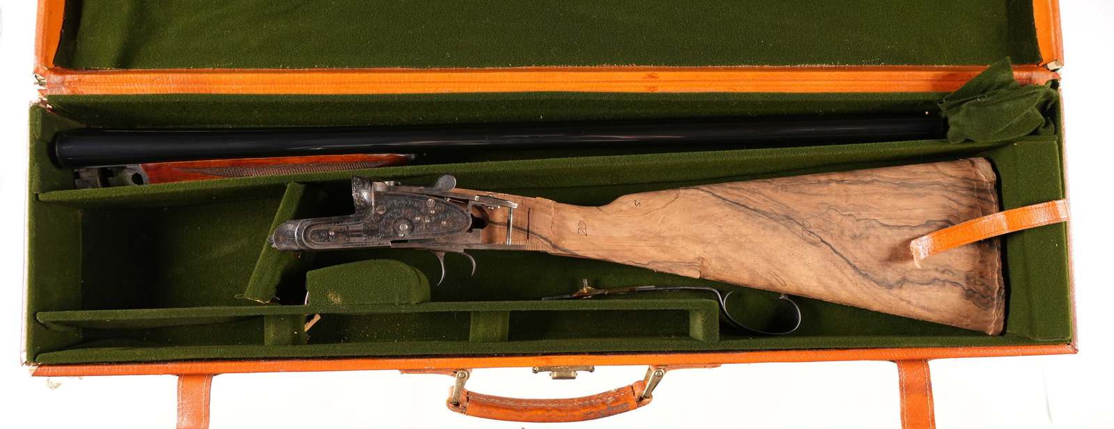 A3871 Arrieta Crown SxS Shotgun 12ga: 12ga Serial # 36068 Barreled action. With case and unfinished replacement stock. Barreled action in excellent condition, corner separation to case. Barrel 27"