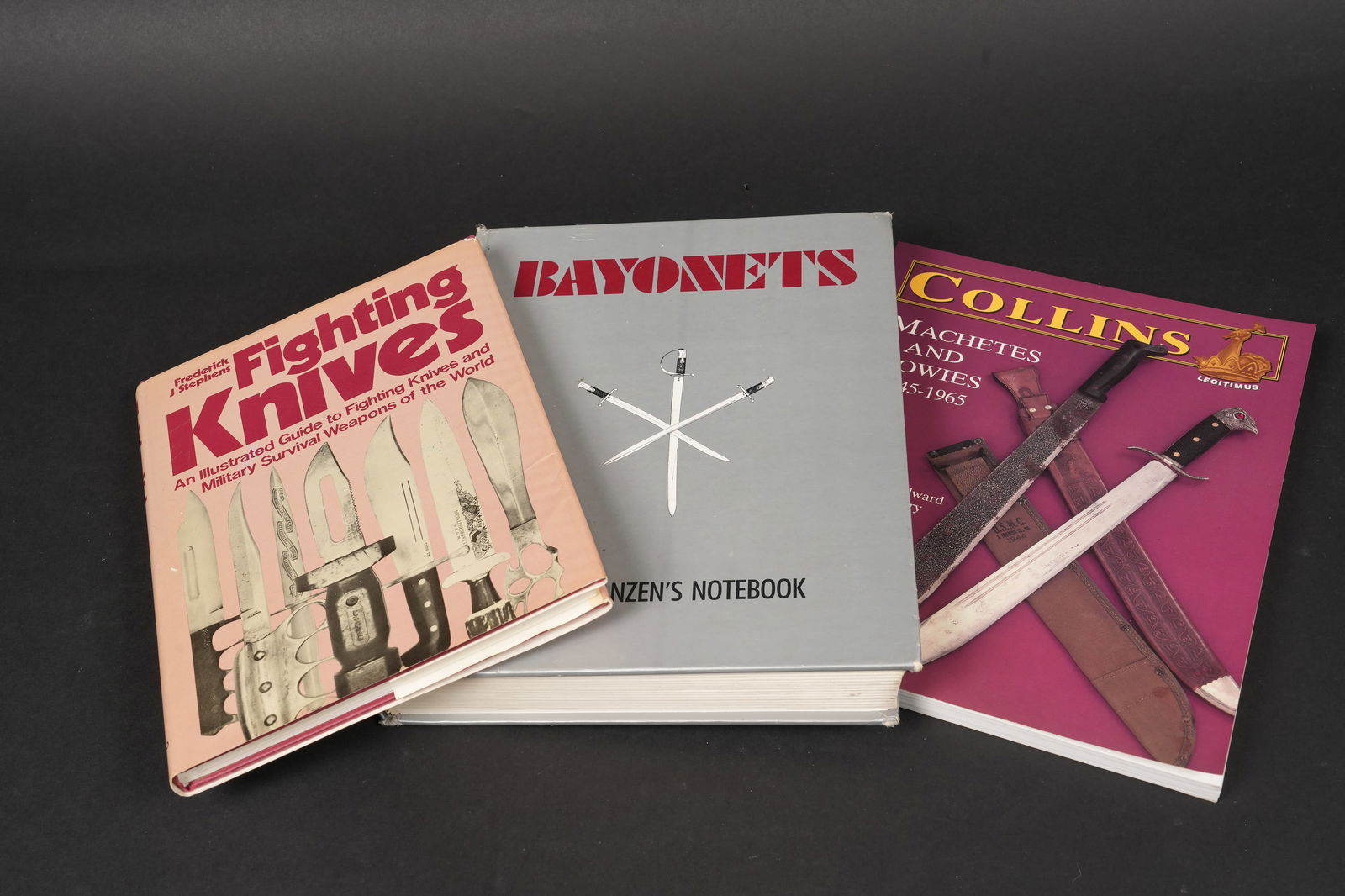 3 Knives and Bayonets Books: Bayonets from Janzen's Notebook 2nd printing hardbound. Fighting Knives by Frederick Stephens, hardbound, copyright 1980. Collins Machetes and Bowies 1845-1965 by D.E. Henry, paperback