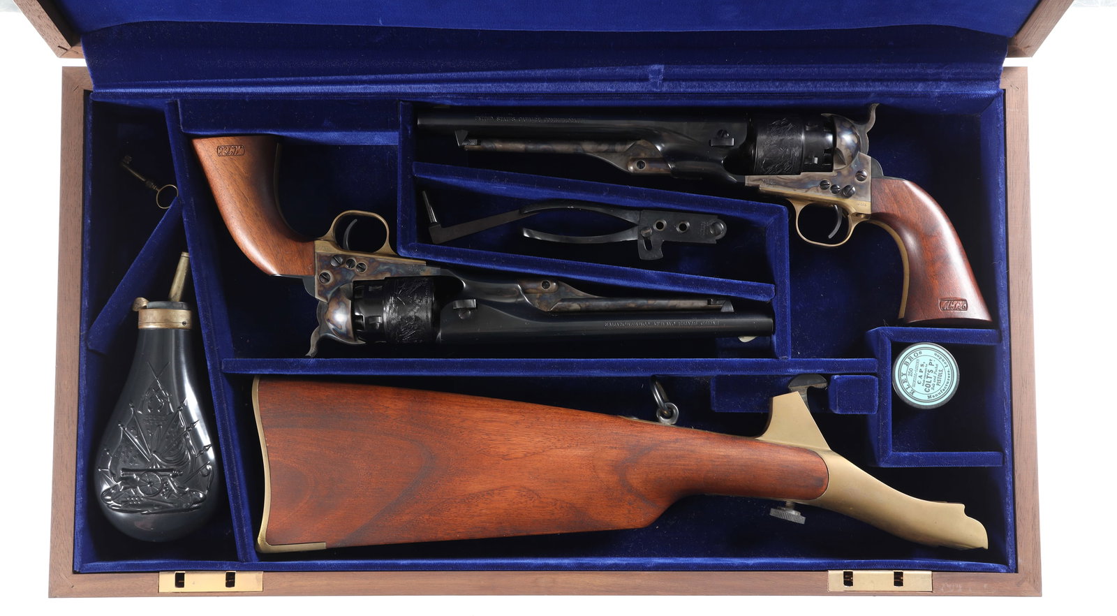 Cased Pair Colt 1860 Army Series Percussion Revolvers .44 cal: .44 cal Serial # US0362/0362US Guns and accessories all remain as new with no indication of use or having been turned, case is very fine with interior being as new and lid having a small shrinkage cra