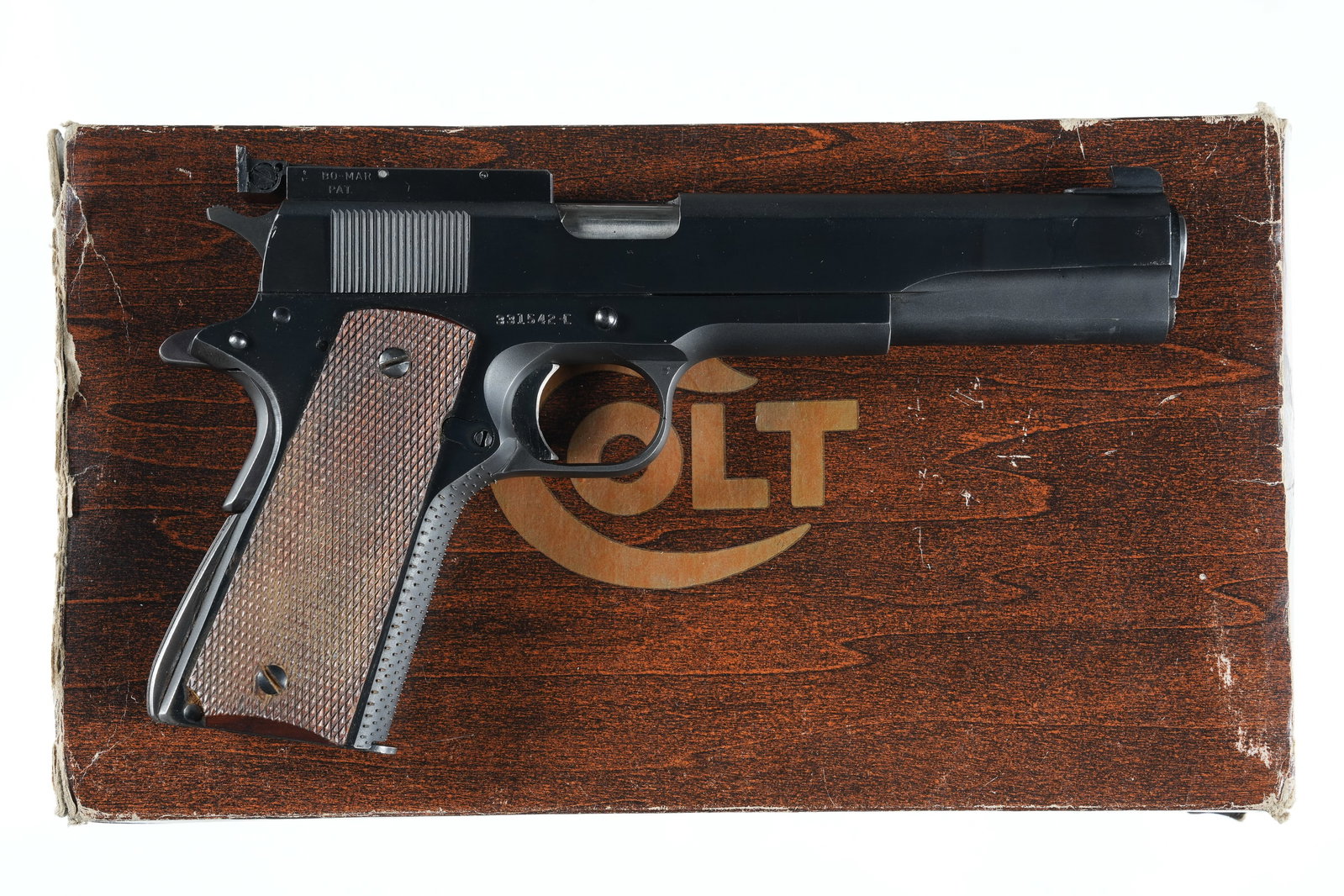 Colt Government Pistol .45 ACP: .45 ACP Serial # 331542-C Clark Custom Colt Long Slide 1911 Semi-Automatic Pistol with Box. Bomar sights, stippled front strap. Condition, Excellent as Custom Built by Clark. Retains most all finish w