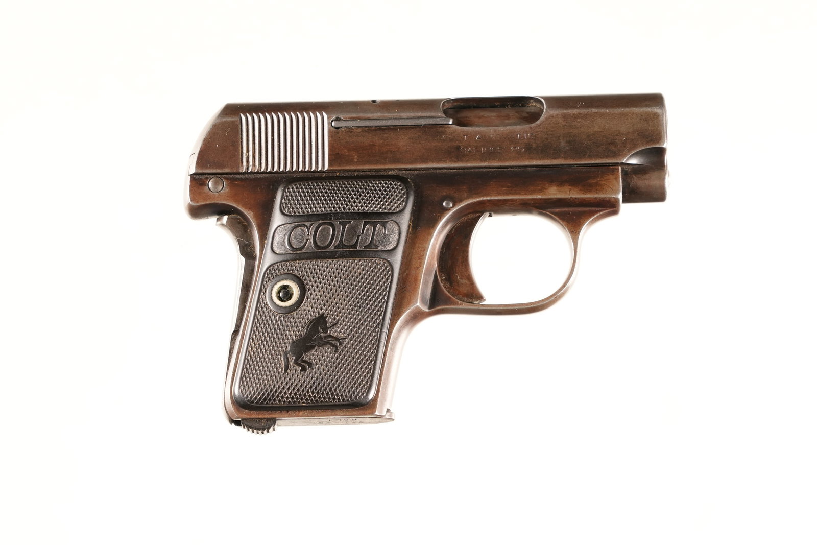 Colt 1908 Vest Pocket Pistol .25 ACP: .25 ACP Serial # 126255 Colt Model 1908 VestPocket .25 acp with Rampant Colt black Plastic grips. Mfd 1915. Condition, Good with exterior having toned to patina. Bore has darkness in grooves grips are