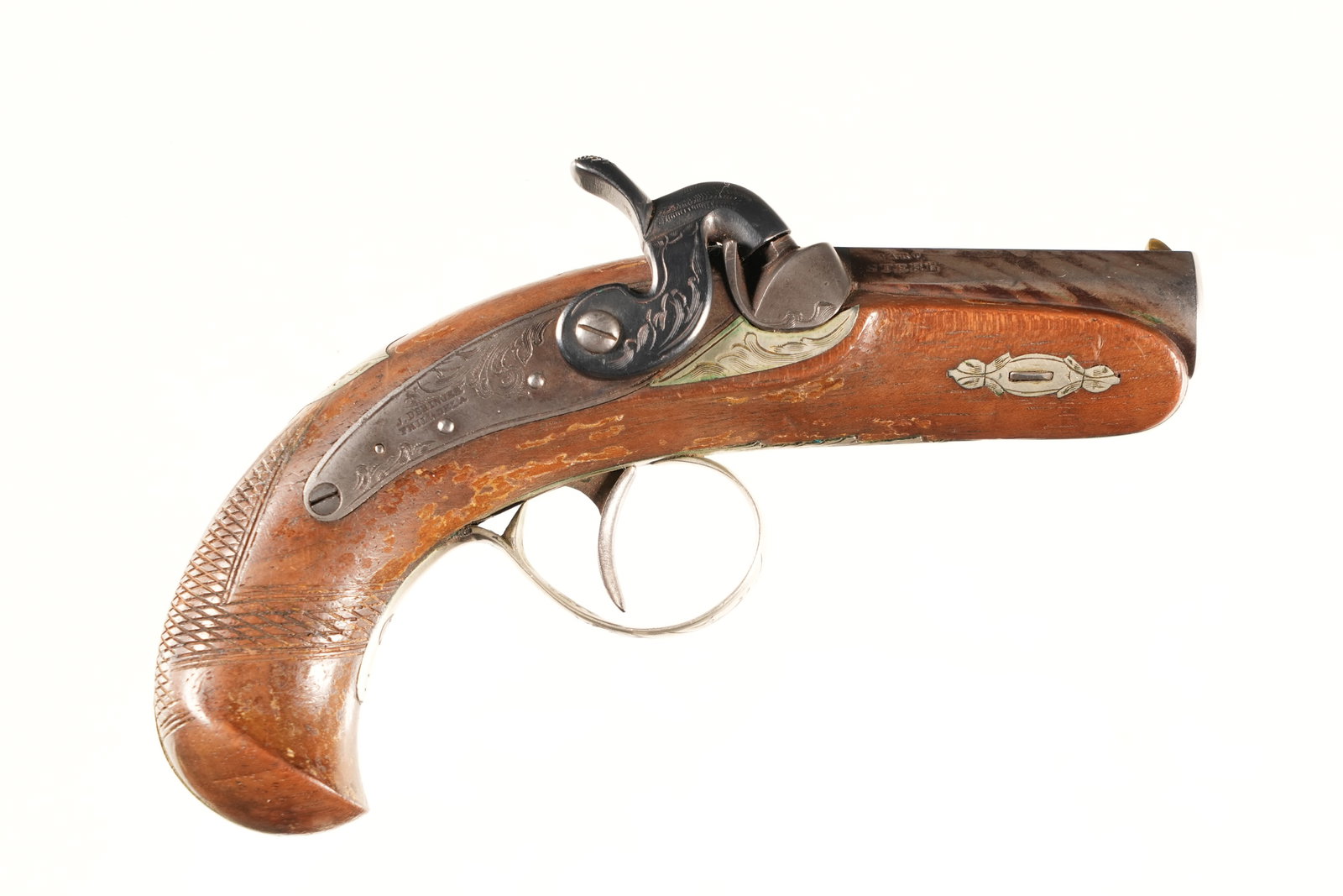 J. Derringer "Philadelphia Derringer" Pistol .45 perc: .45 perc Serial # NSN J. Derringer Philadelphia Derringer with 2 5.8 Damsened finshed Bbl with "WART STEEL marking. German silver furniture with case color lock marked J.Derringer Philadelphia.One pie