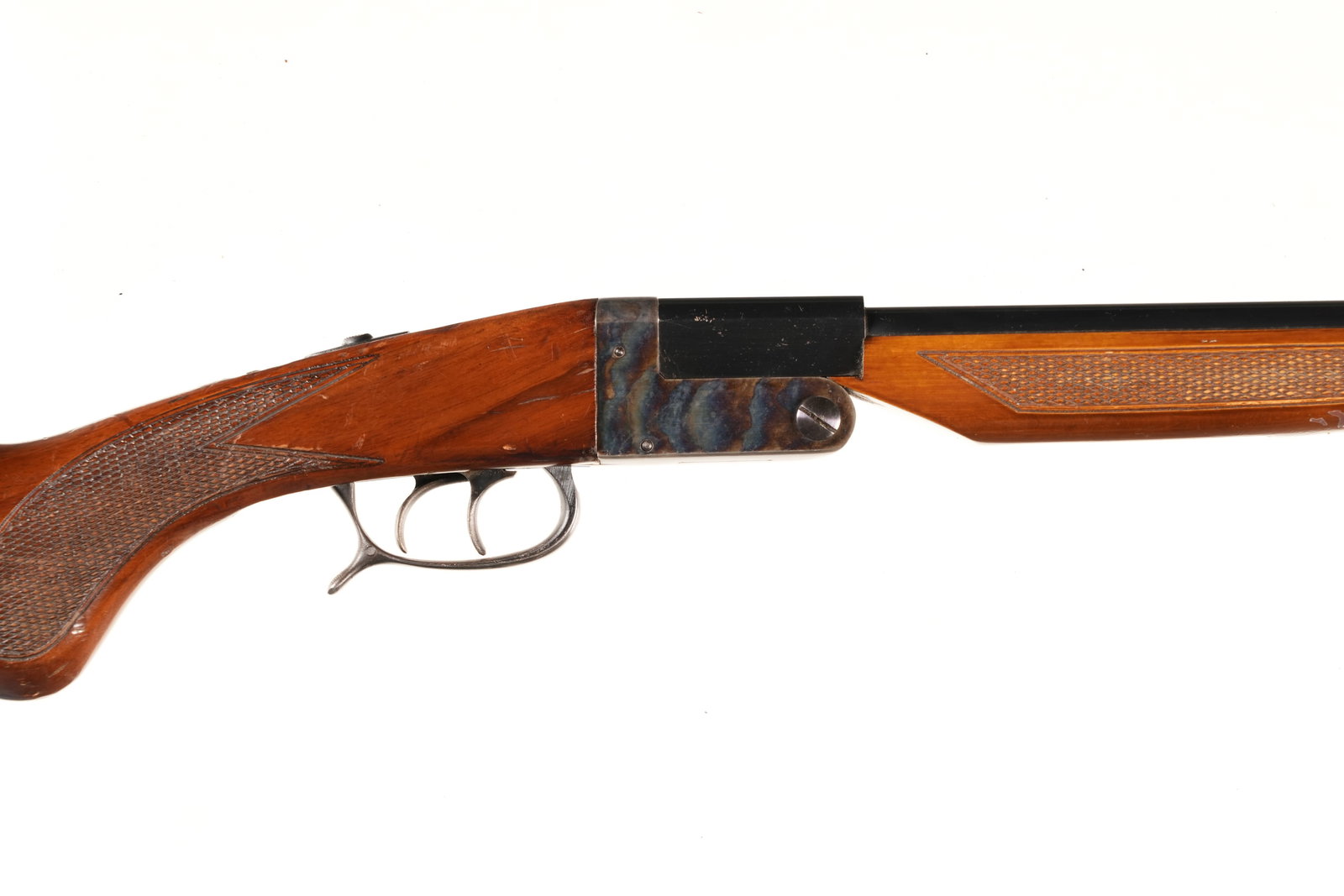 LINCOLN Boxlock SxS Shotgun 0.41: 0.41 Serial # 83812 Lincoln Folding 410 Box Lock Stalking / Poachers double shotgun. Case colored receiver with varnished 14" LOP. walnut stocks. Double trigger 3" chamber choked Full & Full Mfd, 1980