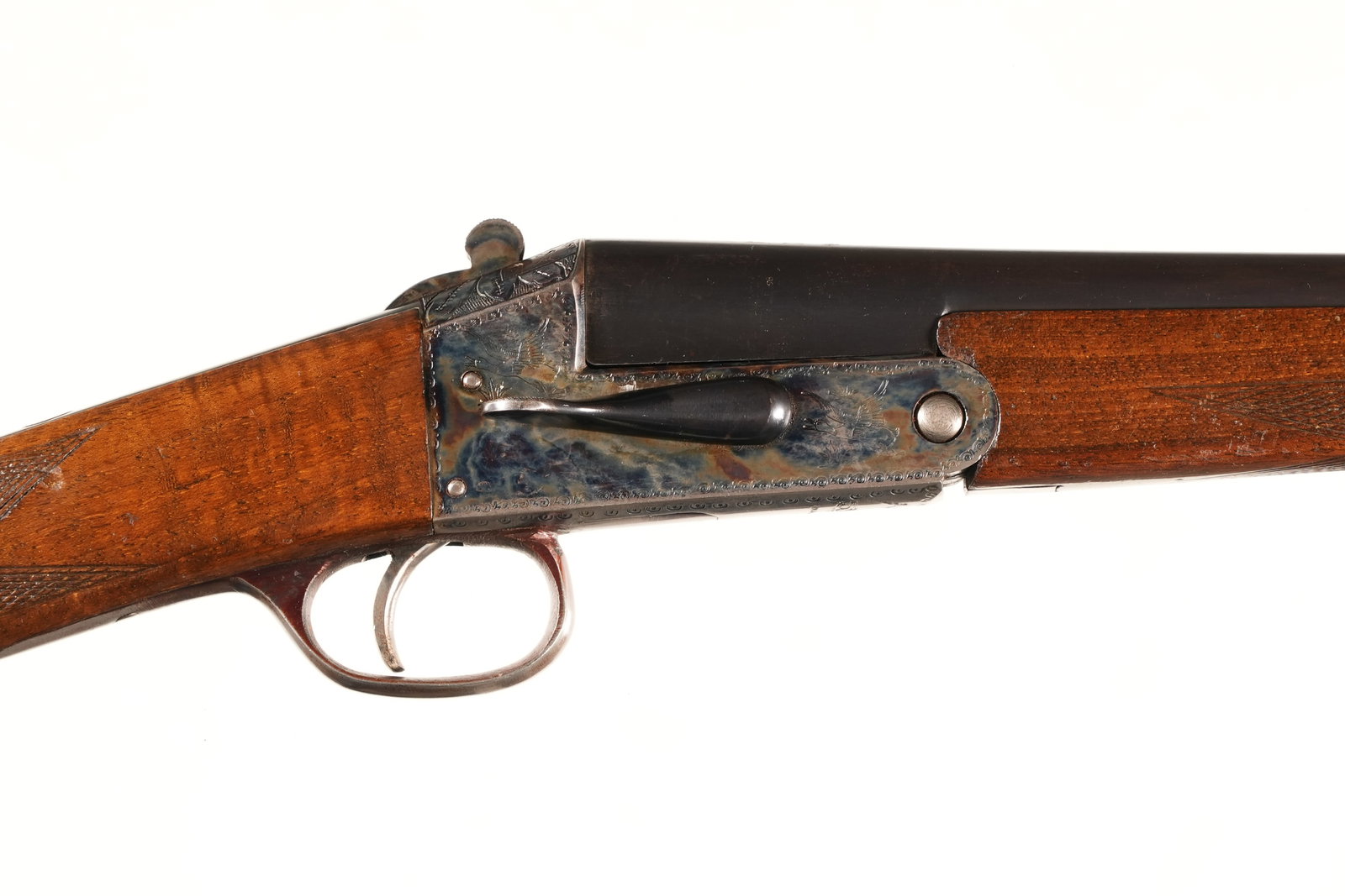 Spanish Sidelever Sgl Shotgun 410: 410 Serial # 102865 Spanish Side lever break action exposed hammer 410 shotgun with 2 1/2" chamber 27 3/4" Bbl Mod choked with varnished 13 1/2" LOP stock. Condition, Very good with most case color fi