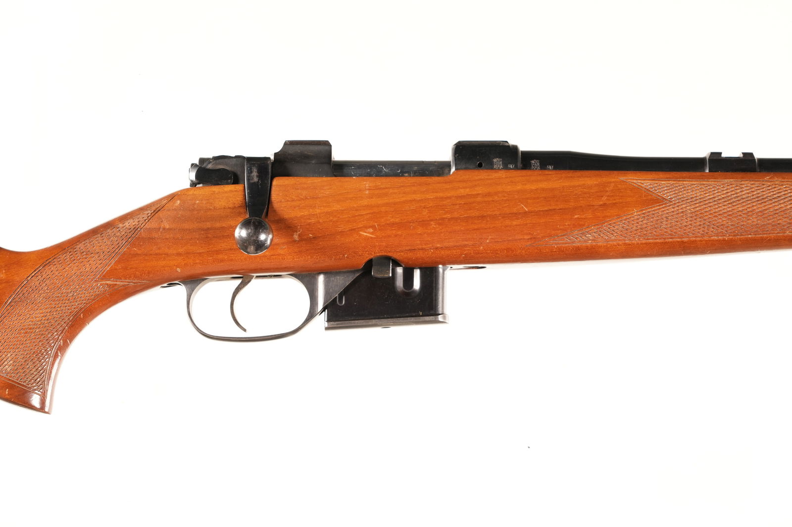 CZ 527 Bolt Rifle .222 Rem: .222 Rem Serial # 74751 CZ 527 Cal 222 Remington with detachable magazine and single set trigger. Varnished walnut stock with 13 1/2" LOP. Threaded barrel for suppressor use. Condition, Very good with