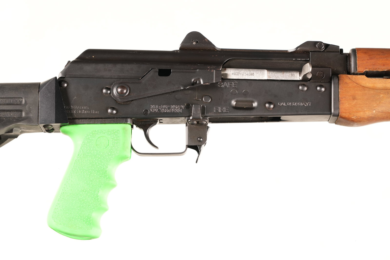 Century Arms PAP M92PV Semi Pistol 7.62x39: 7.62x39 Serial # M92PV014098 Century Arms PAP M92PV AK Platform pistol cal 7.62x39 with Century arms pistol brace and Hogue lime green rubber pistol grip. Condition, Very good with excellent bore and 
