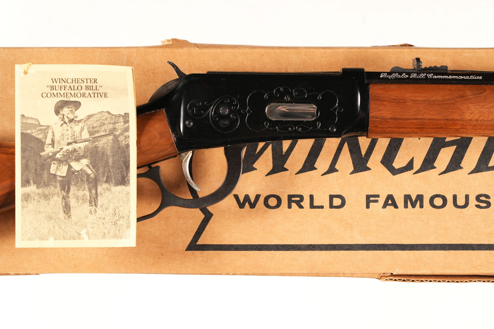 Winchester 94 Buffalo Bill Commemorative Lever Rifle .30-30 win: .30-30 win Serial # WC40150 Winchester Model 94 Buffalo Bill Commemorative Short Rifle with 20" octagon Bbl, Blue finished with scroll engraving and "BUFFALO BILL" in script on left side. Introduced i