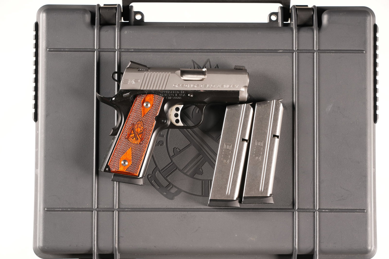 Springfield Armory EMP-40 Pistol .40 S&W: .40 S&W Serial # EMP28608 Excellent overall condition, light abrasion on slide from takedown, with ambidextrous safety, Trijicon iron sights, factory box numbered to gun, holster, magazine holster, an
