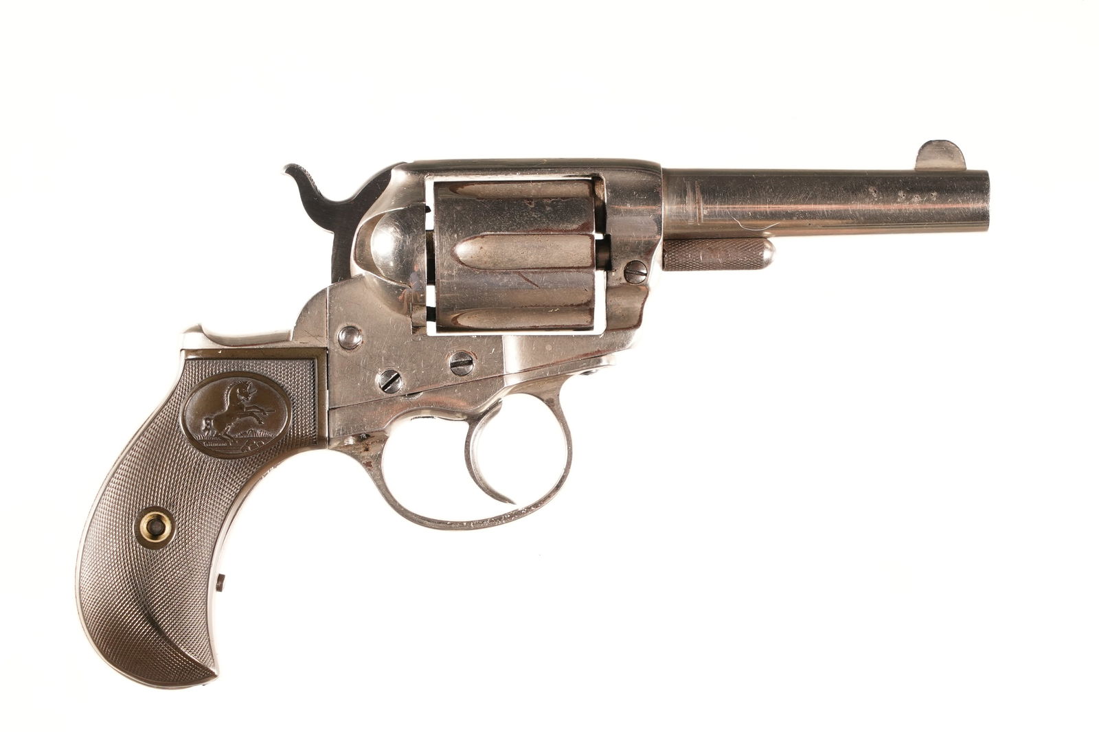 Colt Lightning/ Storekeeper Revolver .38 long: The Colt Lightning was a double-action revolver in various calibers for self-defense. Manufactured in 1885, this .38 Long serial #52062 features 3 1/2" barrel, 2 piece gutta percha grips, nickel finis