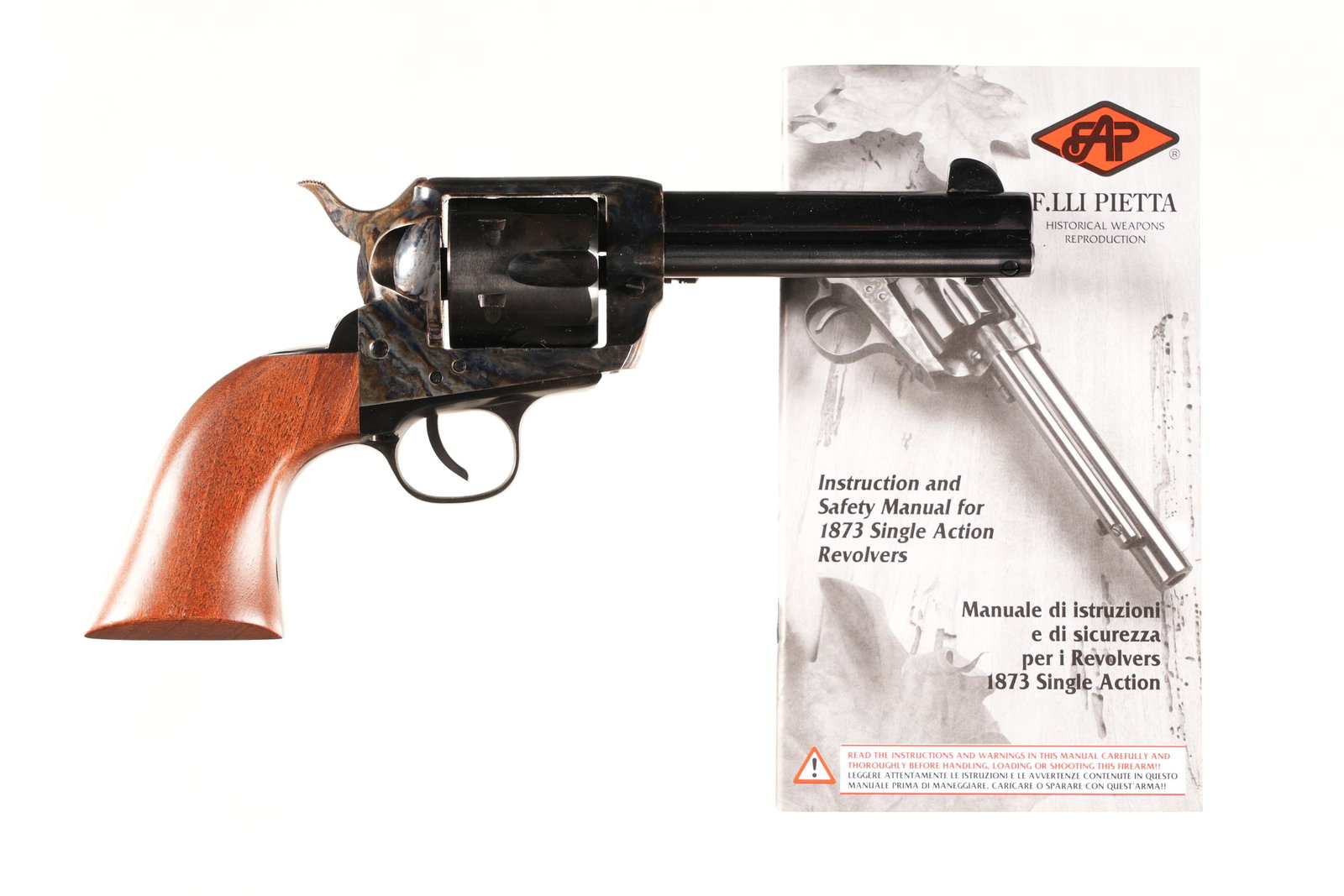 F.LLI Pietta 1873 SA Revolver .45 LC: .45 LC Serial # E172762 with paperwork Barrel 4 3/4" modern. F.lli Pietta, founded in 1963 in Italy, produces replicas of the 1873 Single Action revolver for cowboy action shooting. Manufactured in 20
