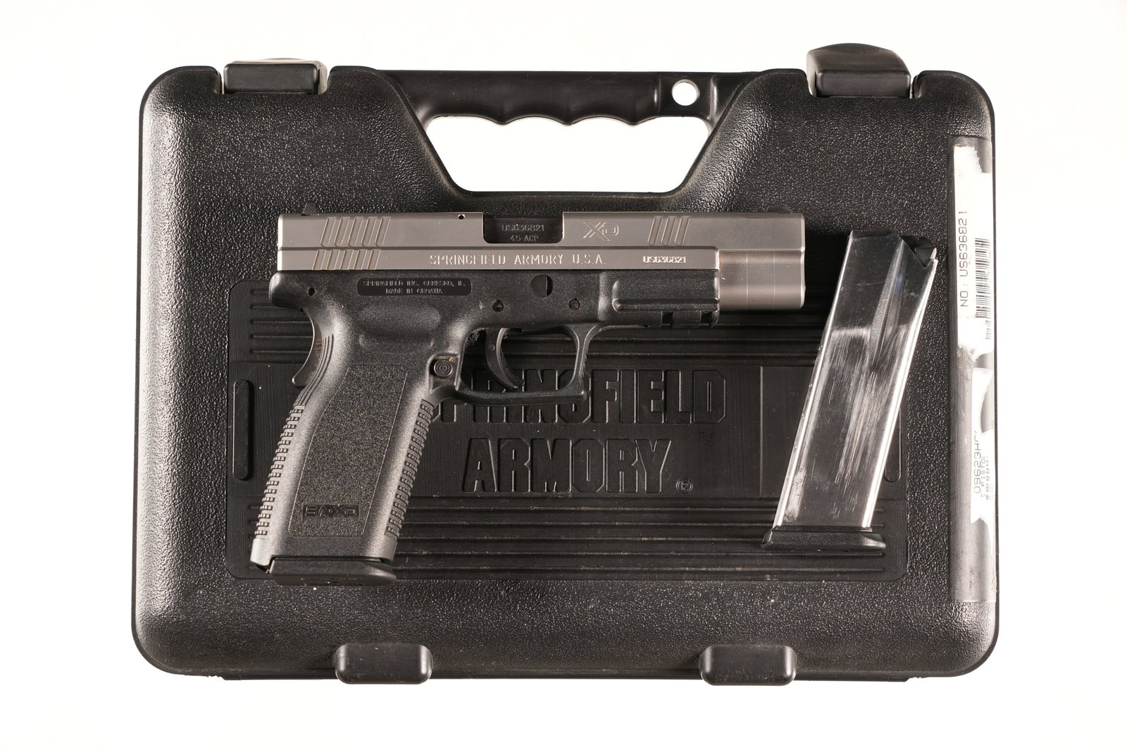 Springfield Armory XD Pistol .45 ACP: .45 ACP Serial # US636821 Excellent overall condition with factory box numbered to gun, extra magazine, magazine holster, speedloader Barrel 5" modern. Springfield Armory, founded in 1974 in the U.S.,