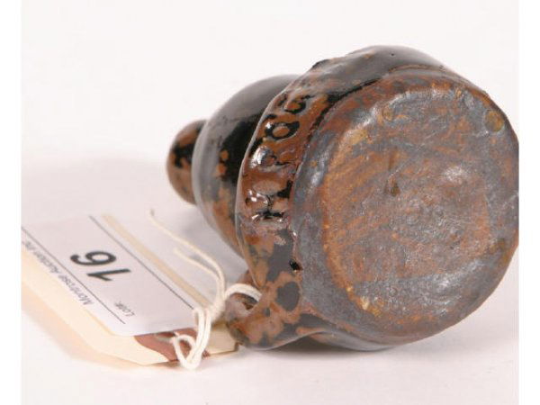 Marie Rogers oil lamp; 3.5inch tall; brownish-gree: Marie Rogers oil lamp; 3.5inch tall; brownish-green; signed Live auction by Montrose Auction, Inc. Established 1977. We accept PayPal, Money Orders. All items shipped from Montrose, GA 31065 if not pi