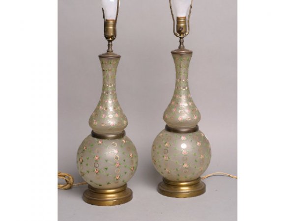2 frosted cut-to-clear table lamps: 2 hand-painted frosted glass cut-to-clear table lamps; w/ harp and finial 32H Terms & Conditions: Live auction by Montrose Auction, Inc. Established 1977. We accept PayPal, Money Orders. Invoices are