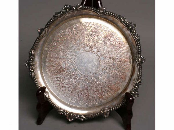 Silver on copper ornate tray, England: Silver on copper Viners Ltd ornate tray w/ button feet, Sheffield England; 12W; would benefit from polishing, scratches; polished through to copper in places Terms & Conditions: Live auction by Montro