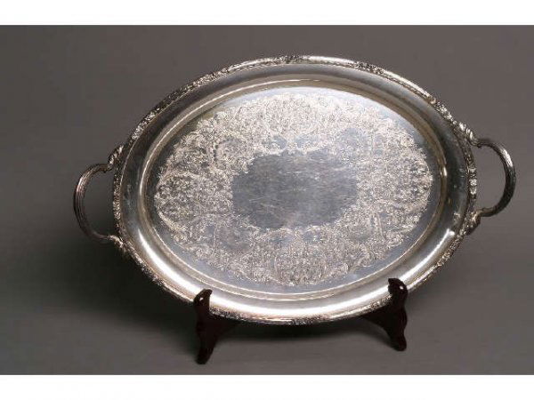 Handled Camille waiter - platter,: Handled Camille waiter - platter, International Silver Company; possibly for tea service; tray, would benefit from polishing, scratches, small dent near handle; 23W x 14L Terms & Conditions: Live auct