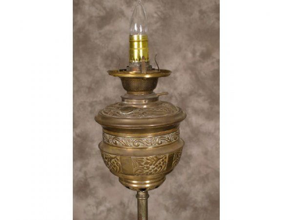 Brass kerosene parlor lamp, 11/25/1890: Brass kerosene parlor lamp, Patd 11/25/1890; adjustable height, converted to electric Terms & Conditions: Live auction by Montrose Auction, Inc. Established 1977. We accept PayPal, Money Orders. Invoi
