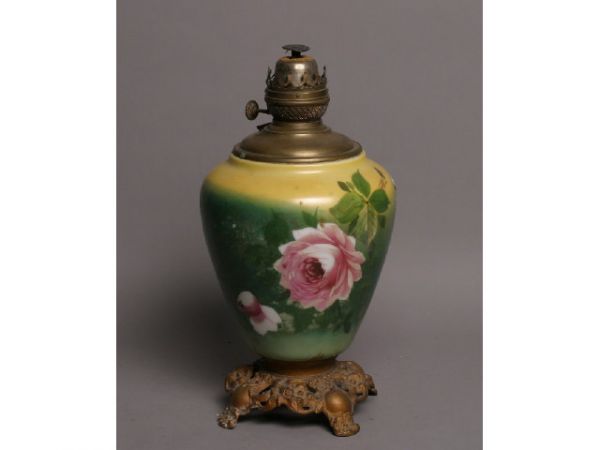 Victorian painted kerosene lamp base: Victorian hand-painted kerosene lamp base and kerosene insert; 17T x 9W Terms & Conditions: Live auction by Montrose Auction, Inc. Established 1977. We accept PayPal, Money Orders. Invoices are due 7