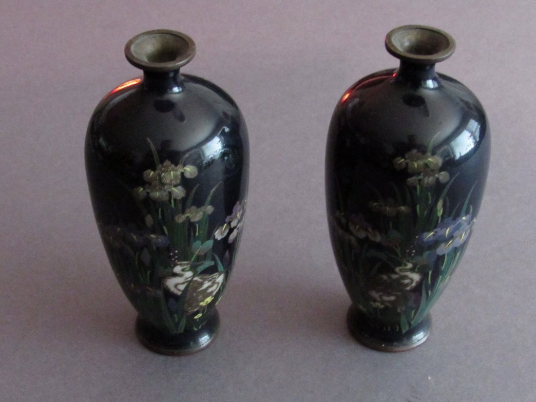 A Pair of Iris Motif Japanese Cloisonne Vases, Meiji (1 of 7)