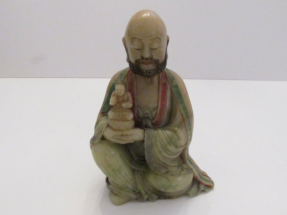Chinese Soapstone Figure of the Arhat Rahula, Luohan (1 of 8)