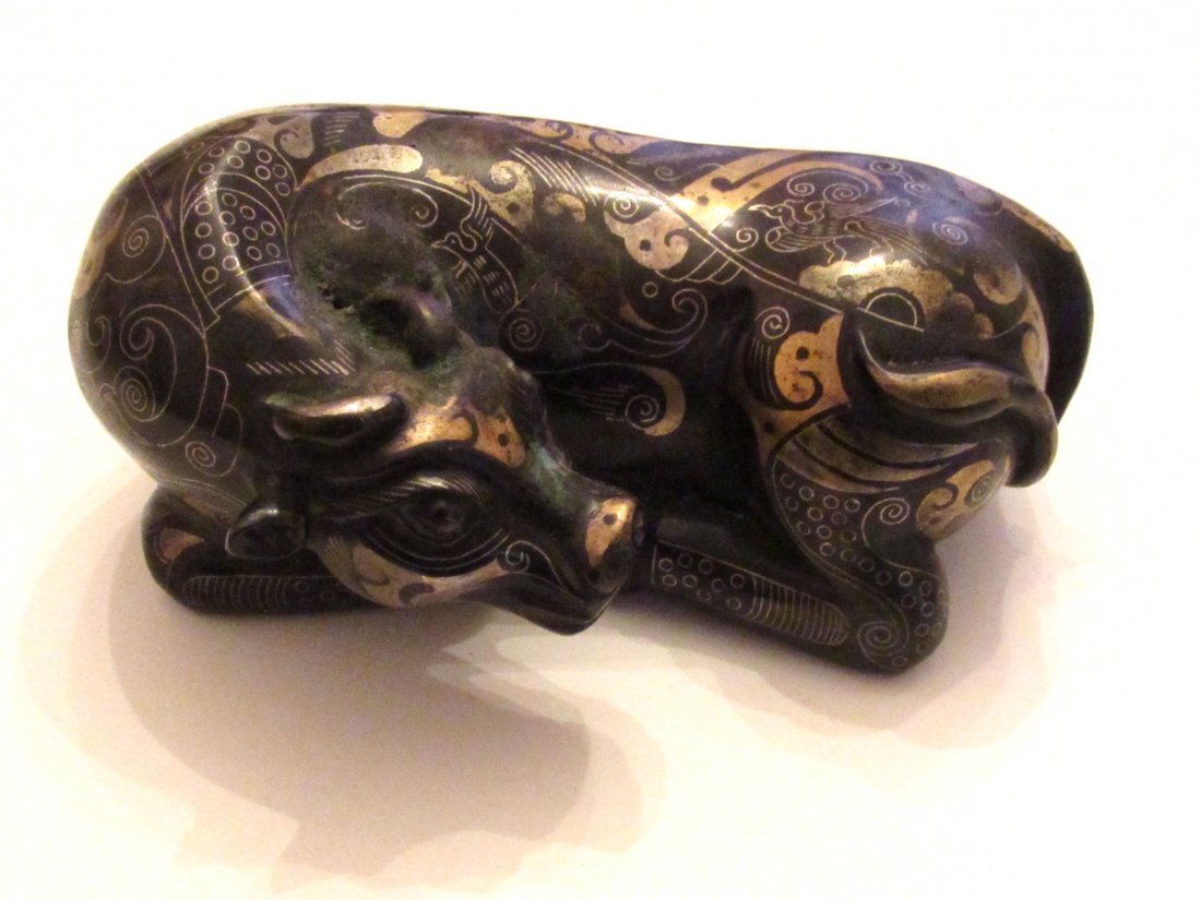 Warring States Style Chinese Gilt Bronze Inlaid Ox. (1 of 7)