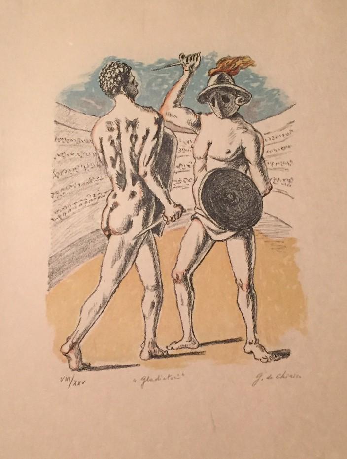 Gladiatori 1969 by Giorgio De Chirico: Gladiatori 1969 Hand-signed in pencil by Artist 6 color lithograph Edition: of XXV Reference: catalogo dell-opera grafica 1969-1977 Edoardo Brandani No66 Stamped by Printer Alberto Caprini Roma Size: 