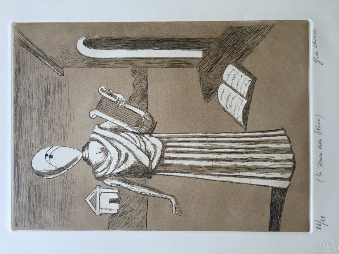 La musa della storia 1970 by Giorgio De Chirico: La musa della storia 1970 First version 2 color engraving Hand-signed in pencil by Artist Edition: of 48 Reference: catalogo dell-opera grafica 1969-1977 Edoardo Brandani N9 Stamped by Printer Alberto