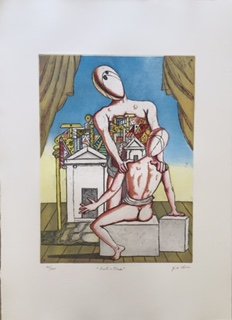 Oresta e Pilade 1970 by Giorgio De Chirico: Oresta e Pilade 1970 Second version 7 color engraving with aquatint Hand-signed in pencil by Artist Edition: of 99 Reference: catalogo dell-opera grafica 1969-1977 Edoardo Brandani NÃ‚Â¡8 Stamped