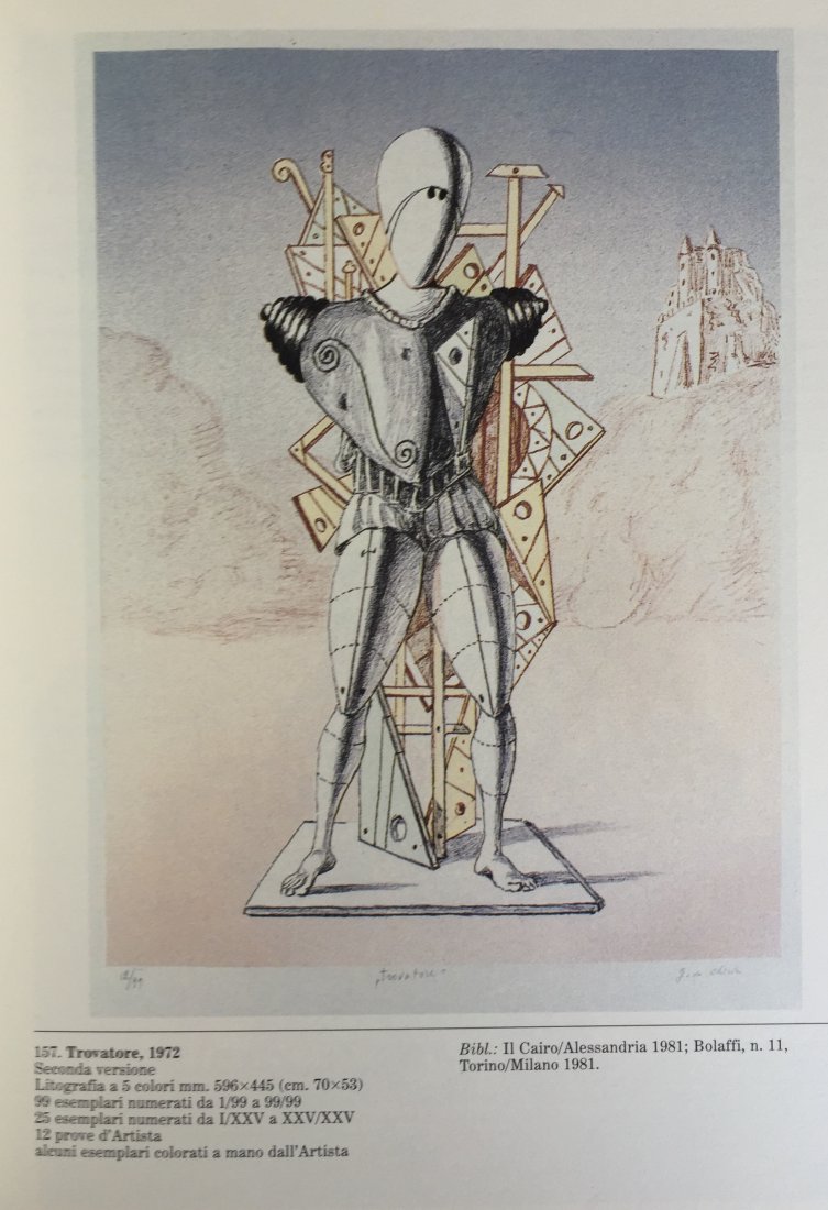 Trovatore 1972 by Giorgio De Chirico: Trovatore 1972 second version 5 color lithograph Hand-signed in pencil by Artist Edition: of 99 Reference: catalogo dell-opera grafica 1969-1977 Edoardo Brandani NÃƒÂ§157 Stamped by Printer Albert