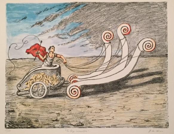 La biga invincibile 1969 by Giorgio De Chirico: La biga invincibile 1969 Second version 5 color lithograph Hand-signed in pencil by Artist Edition: of 99 Reference: catalogo dell-opera grafica 1969-1977 Edoardo Brandani N54 Stamped by Printer Alber