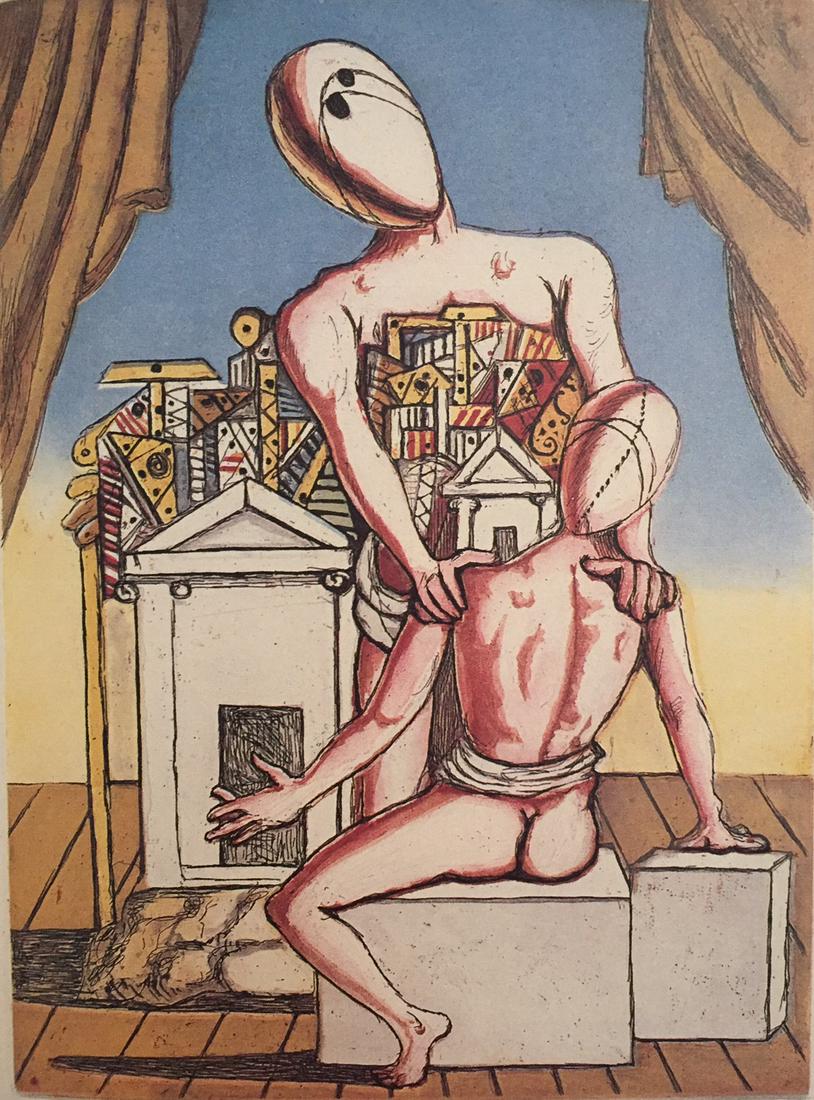 Oresta e Pilade 1970 by Giorgio De Chirico: Oresta e Pilade 1970 Second version 7 color engraving with aquatint Hand-signed in pencil by Artist Edition: of 99 Reference: catalogo dell-opera grafica 1969-1977 Edoardo Brandani N8 Stamped by Print