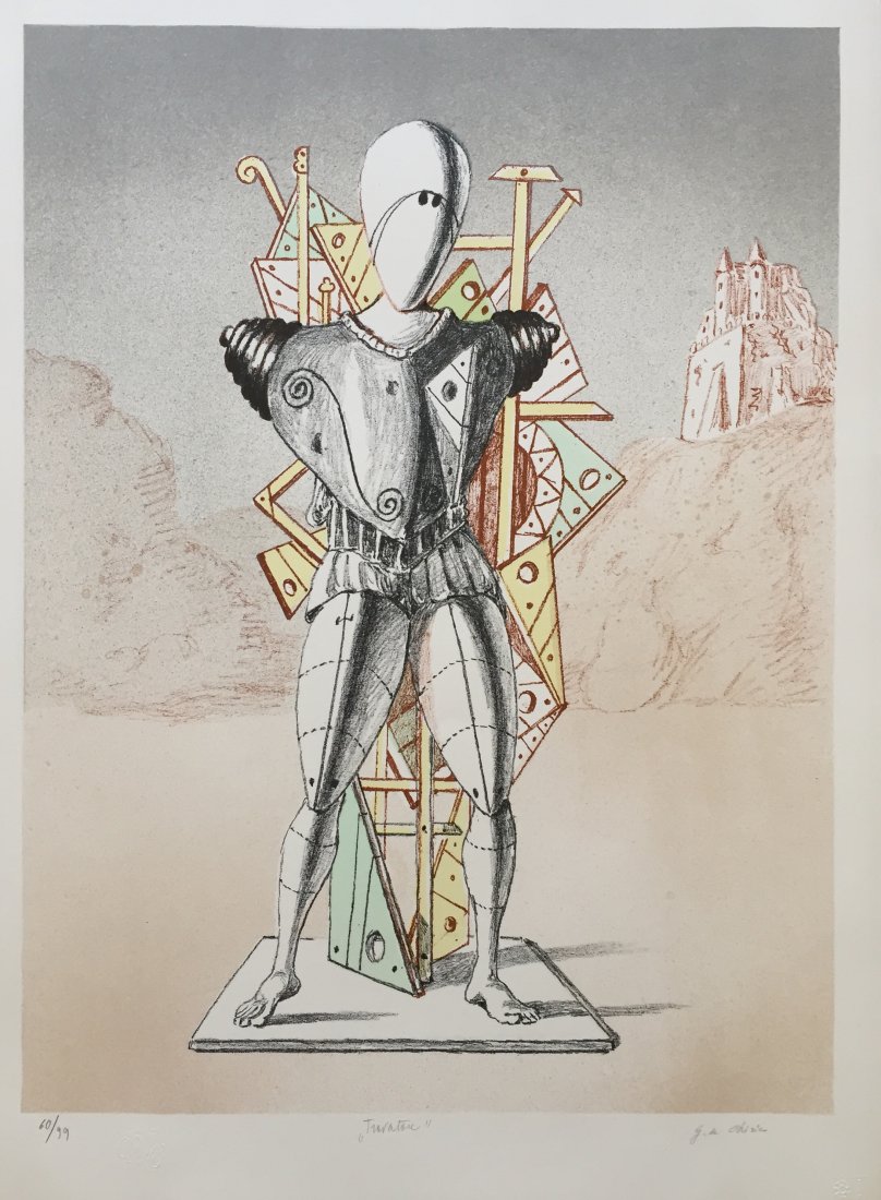 Trovatore 1972 by Giorgio De Chirico: Trovatore 1972 second version 5 color lithograph Hand-signed in pencil by Artist Edition: of 99 Reference: catalogo dell-opera grafica 1969-1977 Edoardo Brandani N157 Stamped by Printer Alberto Caprin