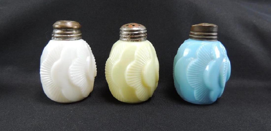 Group of 3 Antique Opaque Yellow, Blue, and White Salt: Featuring Dithridge Co. Sunset Milk Glass, 3 1/4" Tall, Some Lid Issues