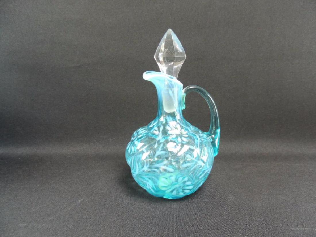 Buckeye Daisy and Fern Blue Opalescent Cruet: Circa 1888, 7" Tall, Some Chips on Stopper, Crack on Top if Handle
