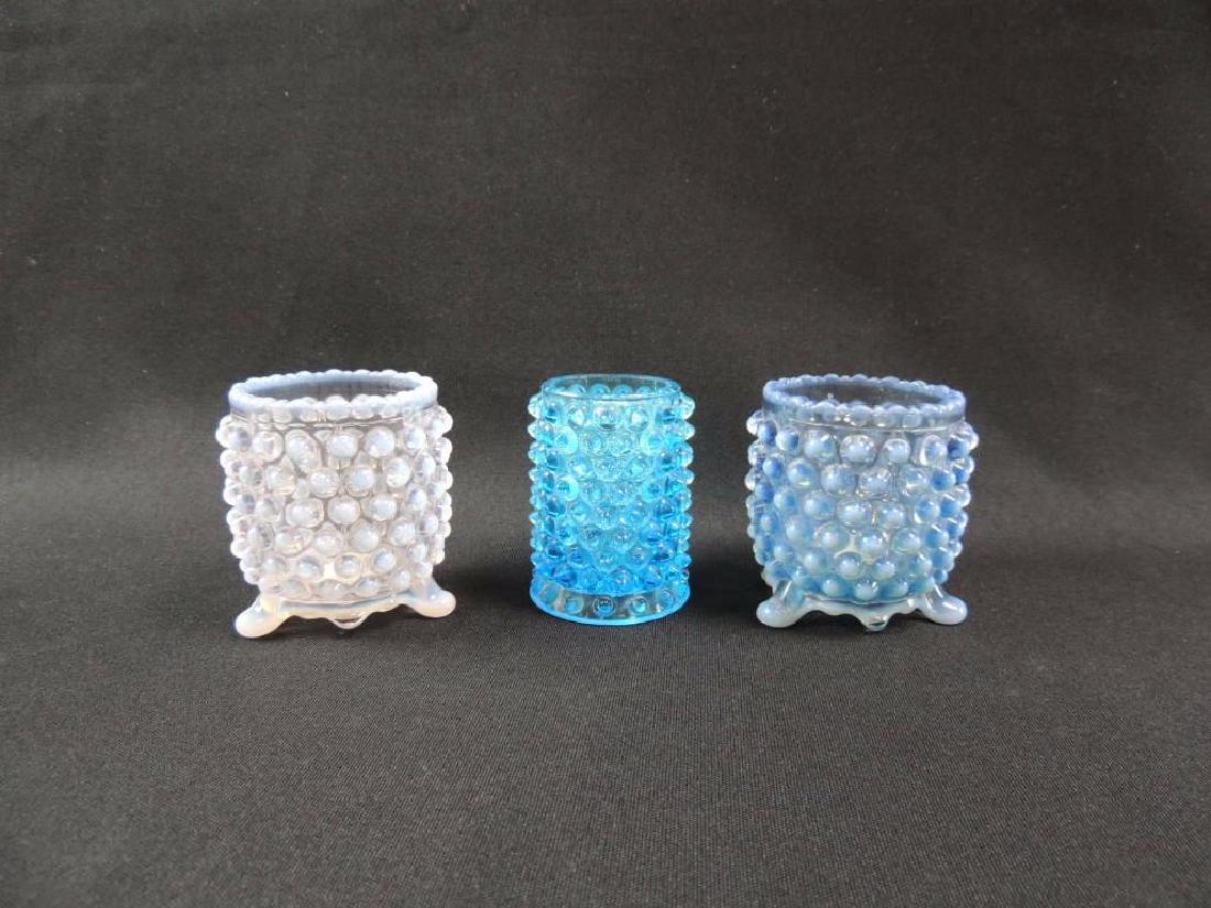 Nickle Plate Glass Co. Over All Hobnail Blue and Clear: Group of 3, Circa 1890, 2 1/2" Tall
