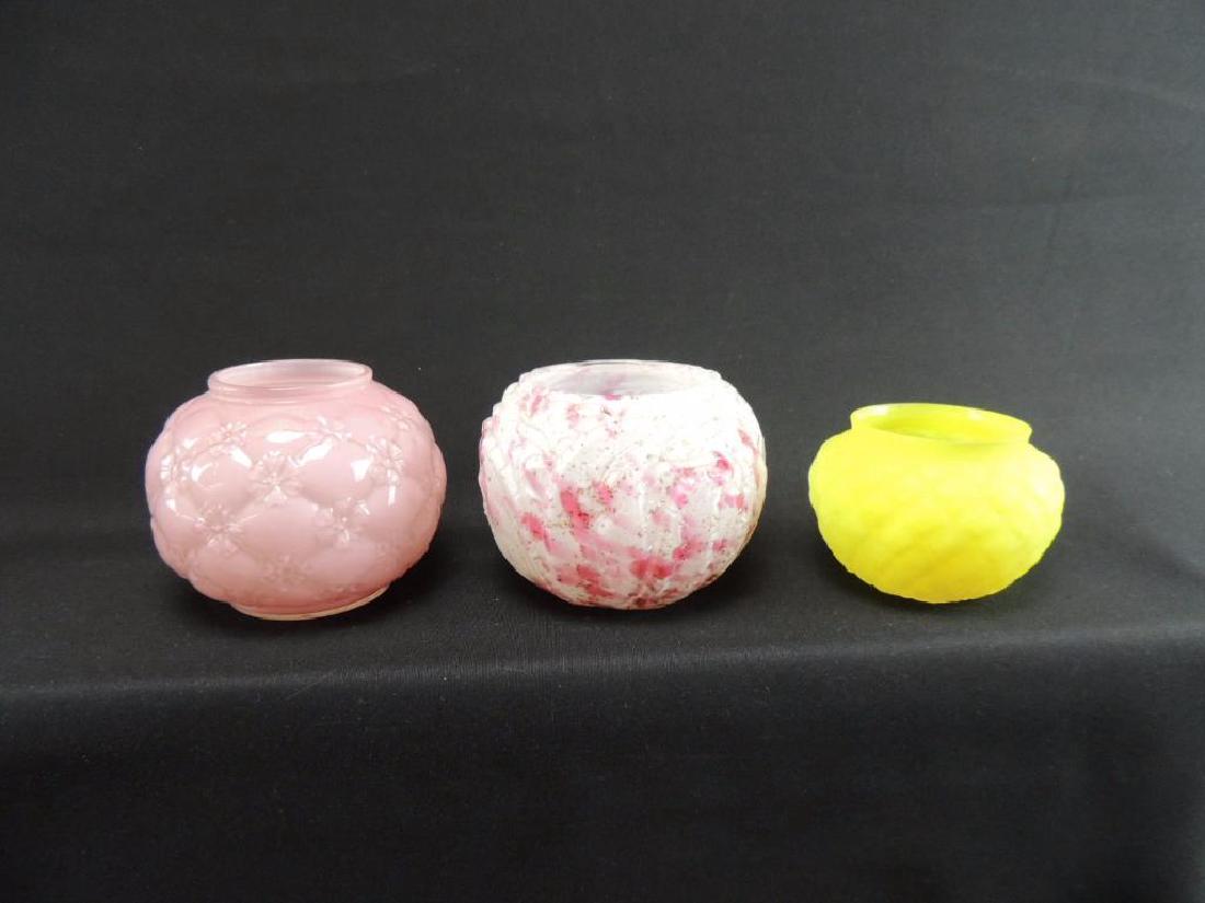 Group of 3 Art Glass Bowls Featuring Pink Cased Glass: Quilted Daisy Pattern, Northwood's Leaf Mold, and Other, Largest 5"x4"
