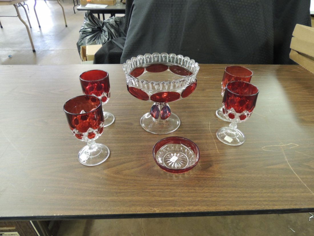 Group of 6 Ruby Stained Compote, Goblets, and Tray (1 of 1)