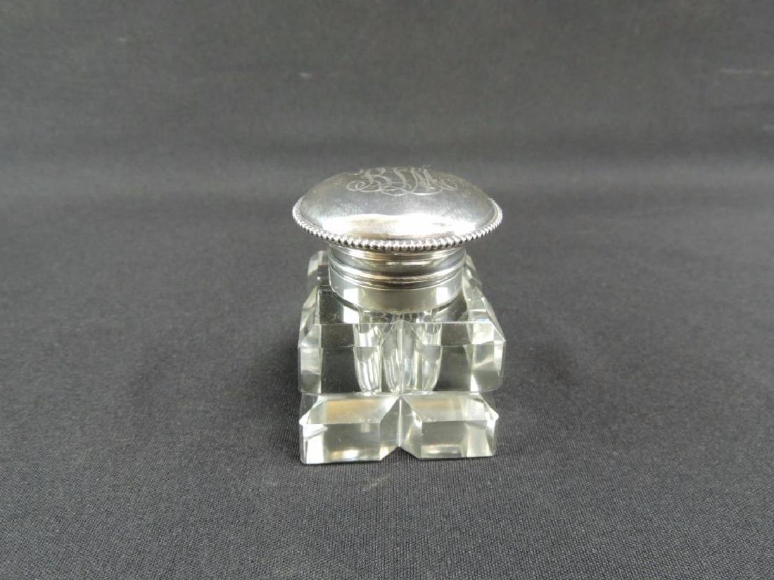 Antique Cut/Pressed Glass Sterling Silver Lid Ink Well (1 of 6)